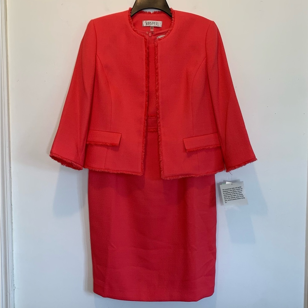 Kasper Coral Pink Fringe Sheath Dress Jacket Set